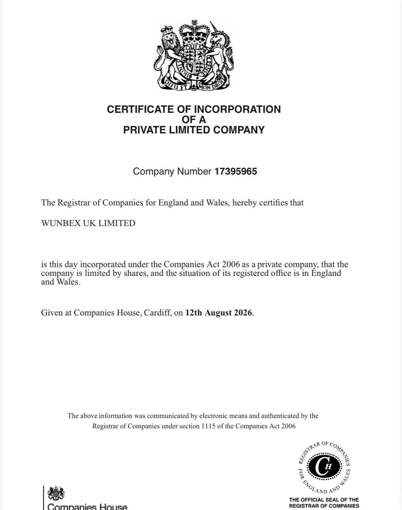 Certificate of Incorporation — Wunbex UK Limited, Companies House