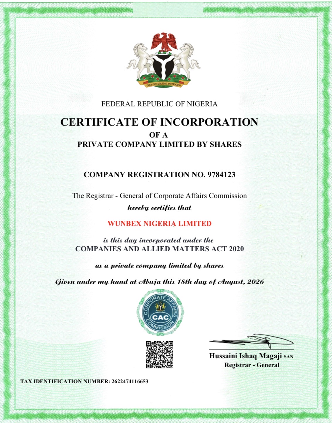 Certificate of Incorporation — Wunbex Nigeria Limited, Corporate Affairs Commission