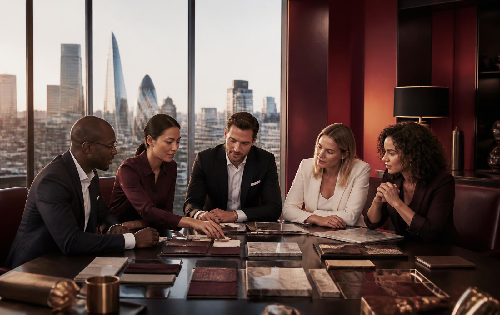 International buyers reviewing product samples and specifications in a London office