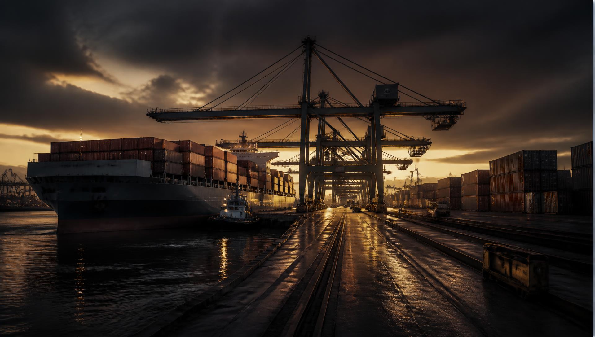 Container port at dusk with gantry cranes loading a cargo vessel
