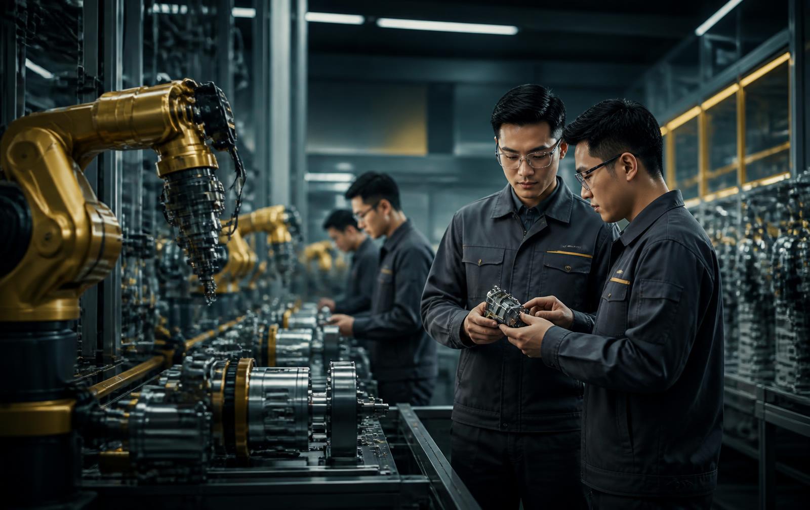 Quality engineers inspecting components on a production line at a partner factory in China