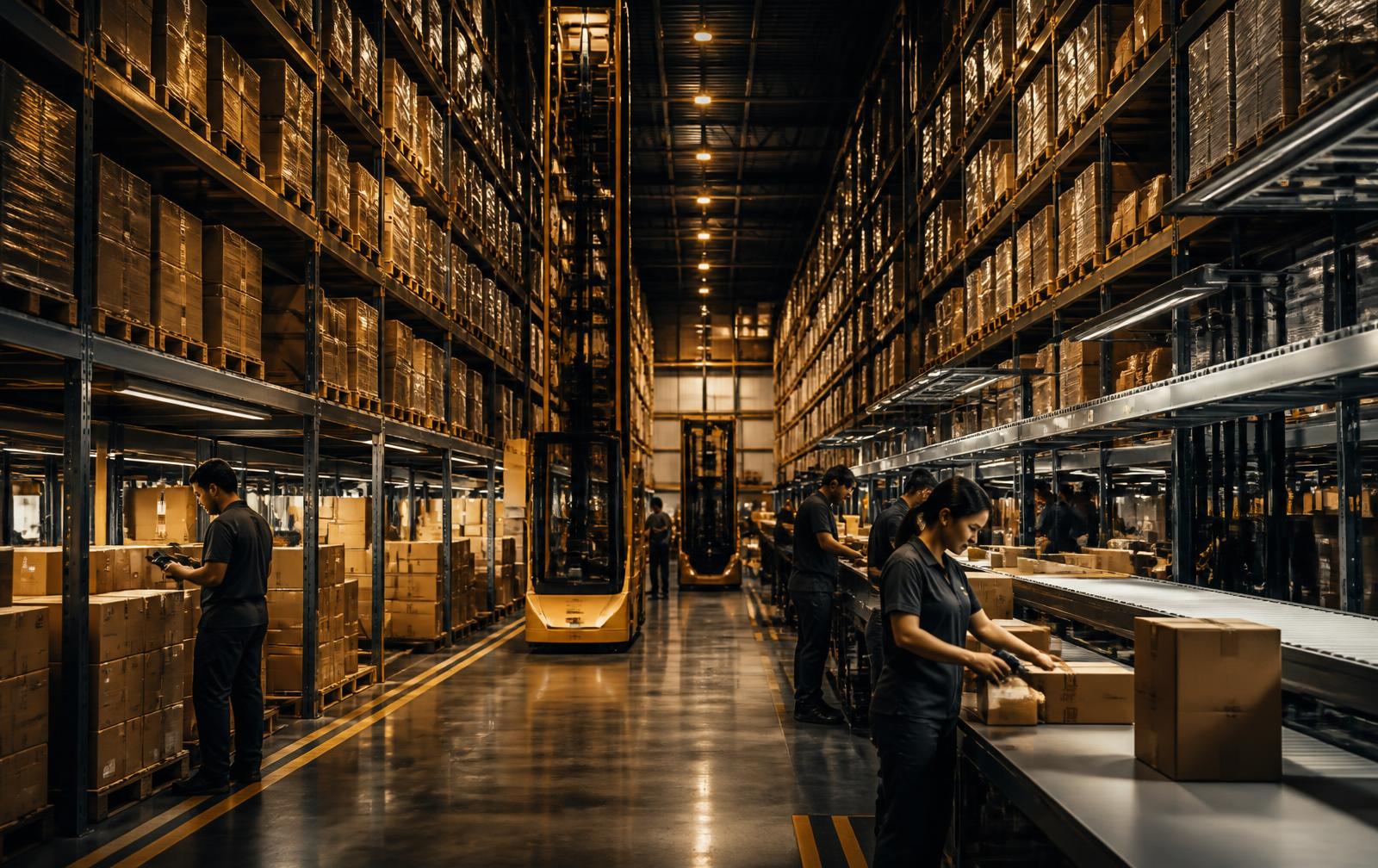 Consolidation and fulfilment operations inside a high-bay warehouse